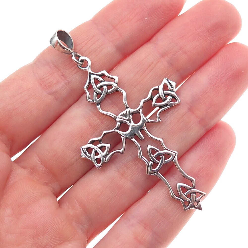925 Sterling Silver Vintage Faith Abounds Trinity Cross Oxidized Charm Pendant